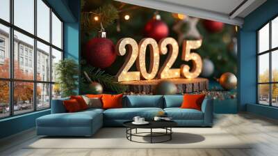 2025 new year celebration background with christmas tree ornaments Wall mural