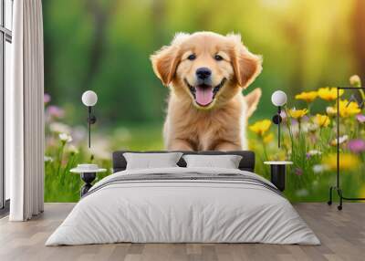 A dog golden retriever puppy with a happy face runs through the colorful lush spring green grass Wall mural