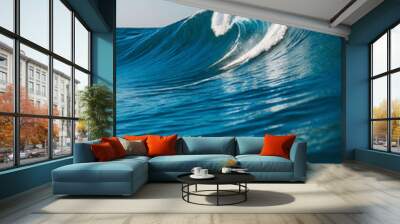 A dynamic wave captured in detail, showcasing water texture against a blue gradient background, concept of nature's motion Wall mural