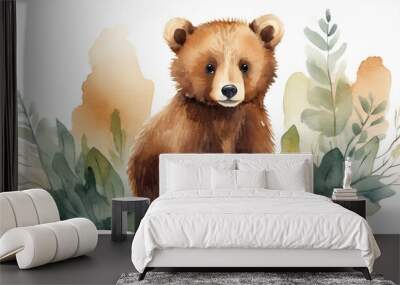 A flat illustration with a brown bear cub on a white background. The concept of wildlife, watercolor art Wall mural