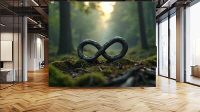 A sleek, metallic infinity symbol on a forest landscape Wall mural