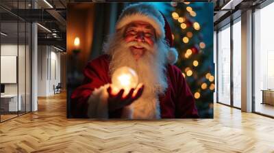 A smiling Santa Claus holding a magical light, with a Christmas background and cinematic lighting Wall mural