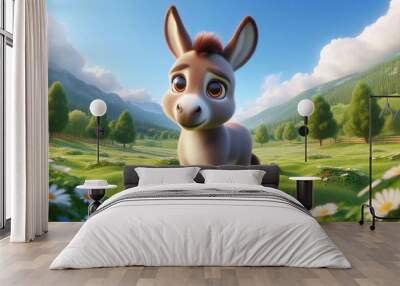 Adorable 3d donkey with big eyes on the meadow of a farm Wall mural