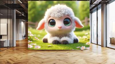 Adorable 3d furry sheep with big eyes on grass in the farm Wall mural