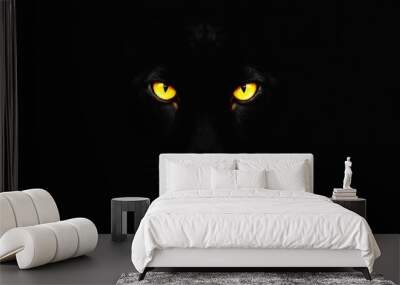 Black panther eyes background, wild cat animal face in night, yellow eyeballs in dark. Black panther eyes glow look in macro closeup, wildlife cheetah, puma or cheetah yellow evil eye Wall mural