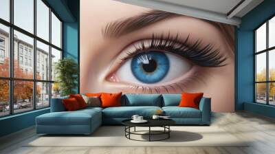 Blue eye, long black eyelashes and eyebrow in pretty female face. Beautiful blue young woman eye, close up Wall mural