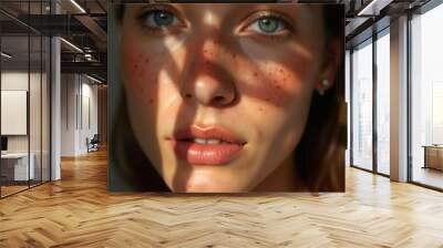 Close-up portrait of woman with bright blue eyes and freckles, natural sunlight casting shadows on face, beauty and nature photography Wall mural