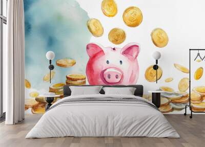 Coins flying and floating to piggy bank, copyspace on a side, watercolor art style Wall mural