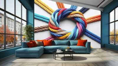 Colorful ropes tied together on white background. Unity concept Wall mural