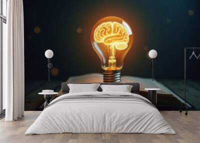 Creative concept of a glowing brain in a light bulb, resting on a book, symbolizing inspiration and the power of learning through reading Wall mural