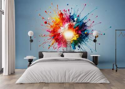 Creative light bulb explodes with colorful paint and colors. New idea, brainstorming concept Wall mural