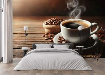 Cup of coffee with steam and coffee beans on wooden background Wall mural