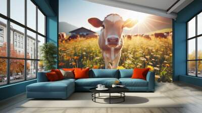 Curious cow in a sunny flower field Wall mural