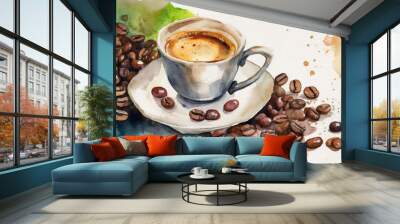 Espresso coffee cup with beans on vintage table, watercolor art style, copyspace on a side Wall mural