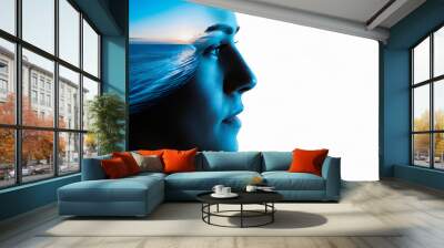 Face in profile with double exposure, sea - Sea holiday Wall mural