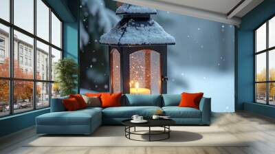 Lantern is covered in snow and decorated with festive decorations in a winter wonderland Wall mural