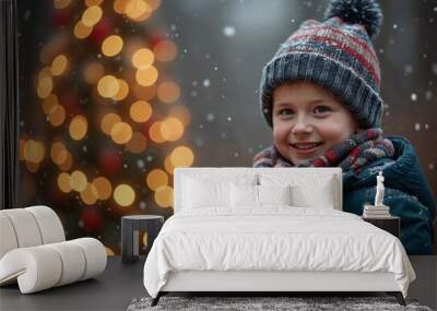 Little boy bundled up in a hat and scarf, smiling in front of a glowing Christmas tree Wall mural