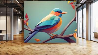 Low polygon style colorful bird on tree branches Wall mural