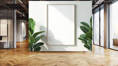 Minimalist mockup space with blank poster frame surrounded by lush indoor plants. Modern and fresh decor inspiration Wall mural