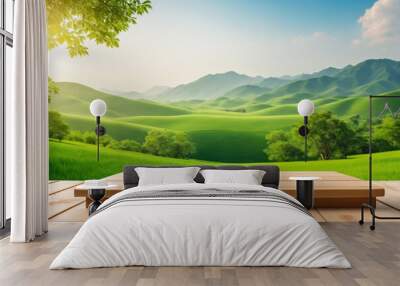 Plain wooden podium for product with green landscape background - Product showing Wall mural