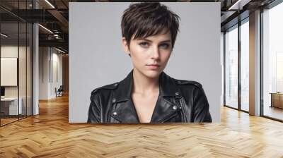 Portrait of a beautiful women with pixie cut wearing black leather moto jacket, with white background Wall mural