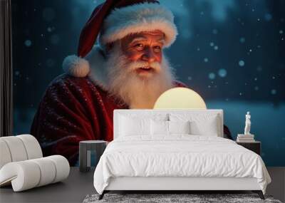 Santa Claus holding a luminous ball, magical glow illuminating his face, snowy background Wall mural