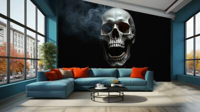 Scary evil skeleton skull with smoke on black background. Halloween and Day of the Dead concept. No Smoking campaign Wall mural