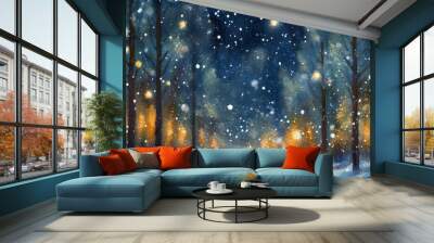 Snow falling at night in a snowy dark forest Wall mural