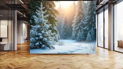 The snow is shining and the forest is green under the sun in this winter forest landscape between a white snowy pine tree and a soft green background Wall mural