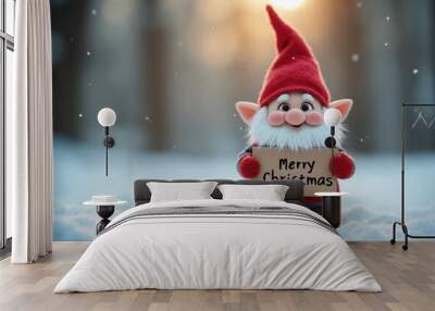 Tiny smiling gnome holding cardboard with text Merry Christmas Wall mural