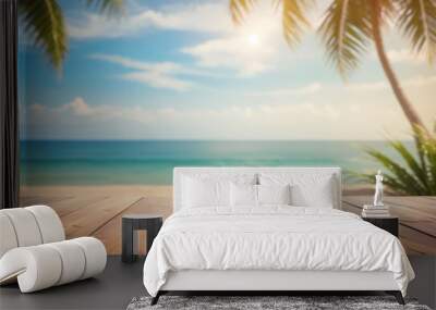 Top of wood table with seascape and palm tree, blur bokeh light of calm sea and sky at tropical beach background Wall mural