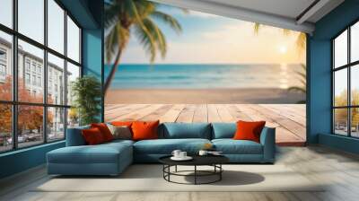 Top of wood table with seascape and palm tree, blur bokeh light of calm sea and sky at tropical beach background Wall mural