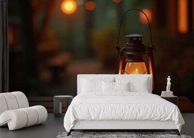 Traditional lantern glowing with warm light, with copy space Wall mural