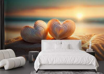 Two heart-shaped shells resting on the sand, sunset light Wall mural