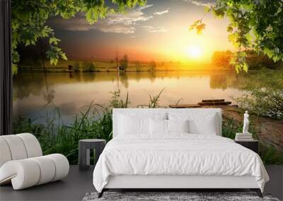 Fishing lake in evening Wall mural