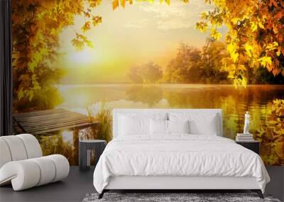 Wooden pier by river Wall mural