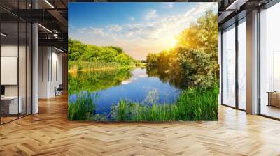 Yellow sunset over river Wall mural