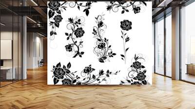  Set of decorative calligraphic design elements with vintage rose and leaves silhouette for border and frame decor. Vector illustration  Wall mural