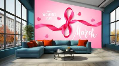 8 march. happy women's day design template. decorative pink bow heart confetti on pink background. v Wall mural