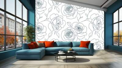 Abstract seamless pattern with roses. Beautiful blossoming hand drawn flower on white background. Line art wallpaper. Vector stock illustration Wall mural