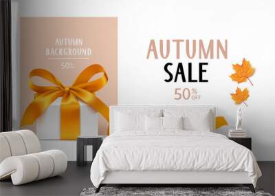 Autumn Sale template design. Vector background with gift box and yellow maple leaves Wall mural