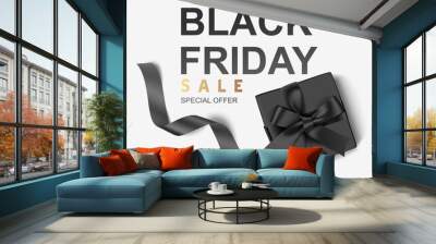 Black friday sale design template. Text with black gift box and long ribbon. Vector illustration Wall mural