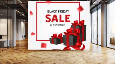 Black friday sale design template. Vector banner with black gift boxes and red bow. Holiday decoration Wall mural