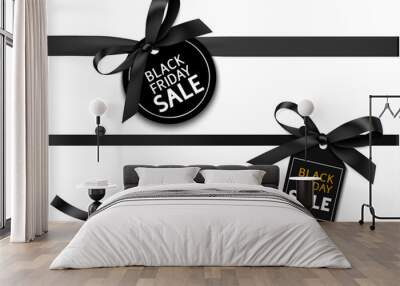 Decorative horizontal black ribbon with bow and sale tag for black friday sale design. Vector decoration and label Wall mural