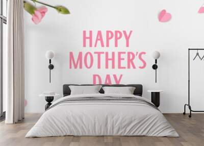 Happy Mothers day banner. Holiday design template with realistic pink carnation flowers, gift boxes and paper hearts on white background. Vector stock illustration. Wall mural