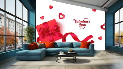 Happy Valentine's day. Romantic design template with red gift box and heart confetti isolated on white background with greeting text. Vector illustration Wall mural