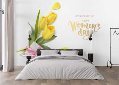 Happy Womens Day. 8 March design template. Calligraphic lettering text with decorative gift box and yellow tulip flowers. Flat lay. Vector stock illustration Wall mural