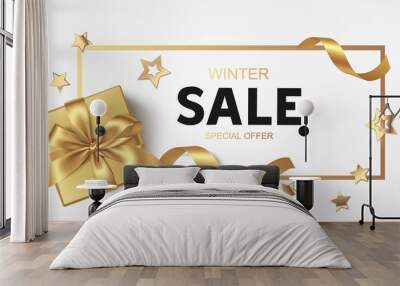 New Year or Christmas Sale design template. Vector illustration. Winter background with decorative gift box and golden stars Wall mural