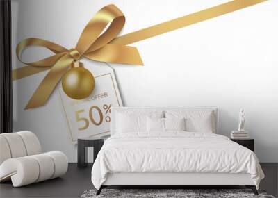 New Year winter and Christmas sale design template. Decorative gold bow with diagonal golden ribbon, Christmas ball and price tag isolated on white. Vector stock illustration. Wall mural