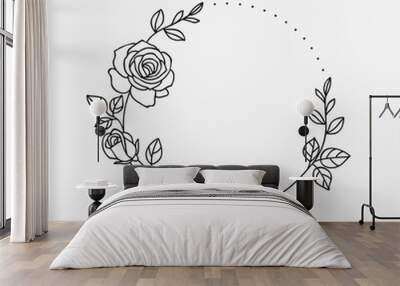 One line drawing. Frame of garden rose with stem and leaves. Hand drawn sketch. Vector illustration. Wall mural